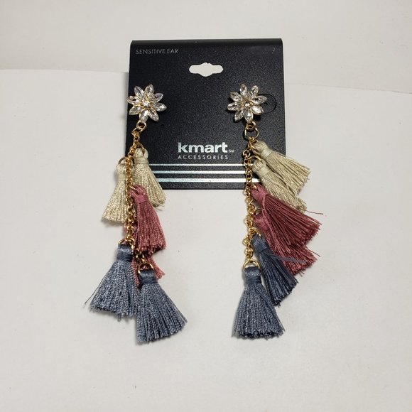 NWT Gold tone Multi color Drop Dangle Crystal Tassel Earrings - Picture 5 of 7